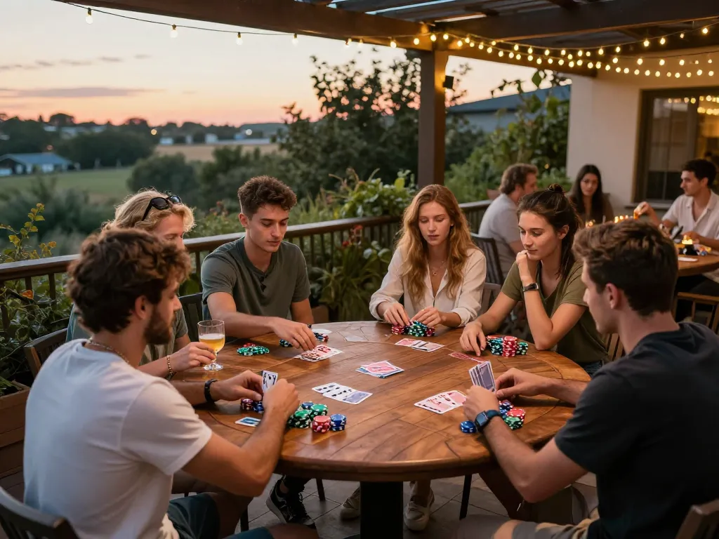 Group of friends enjoying a poker night at home from https://debet.talk/, showcasing chips and cards on a warm-lit terrace