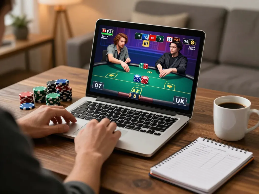 Engaging in an online poker game with go8 strategies on a laptop, surrounded by betting chips and notes.