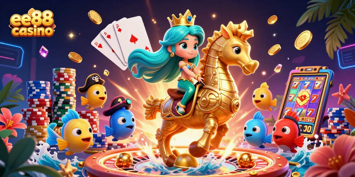 Engage with thrilling games at ee88 casino featuring a dynamic 3D illustration of characters amidst casino elements.