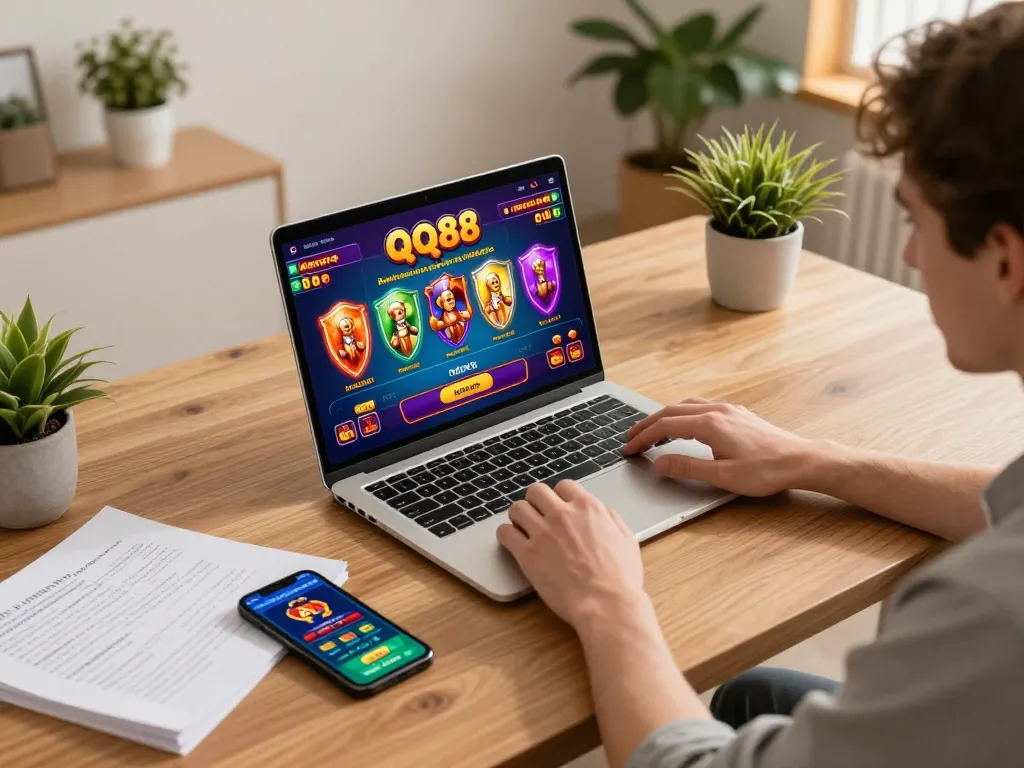 Engaging home gaming experience with qq88 as players enjoy a lively online casino setup.