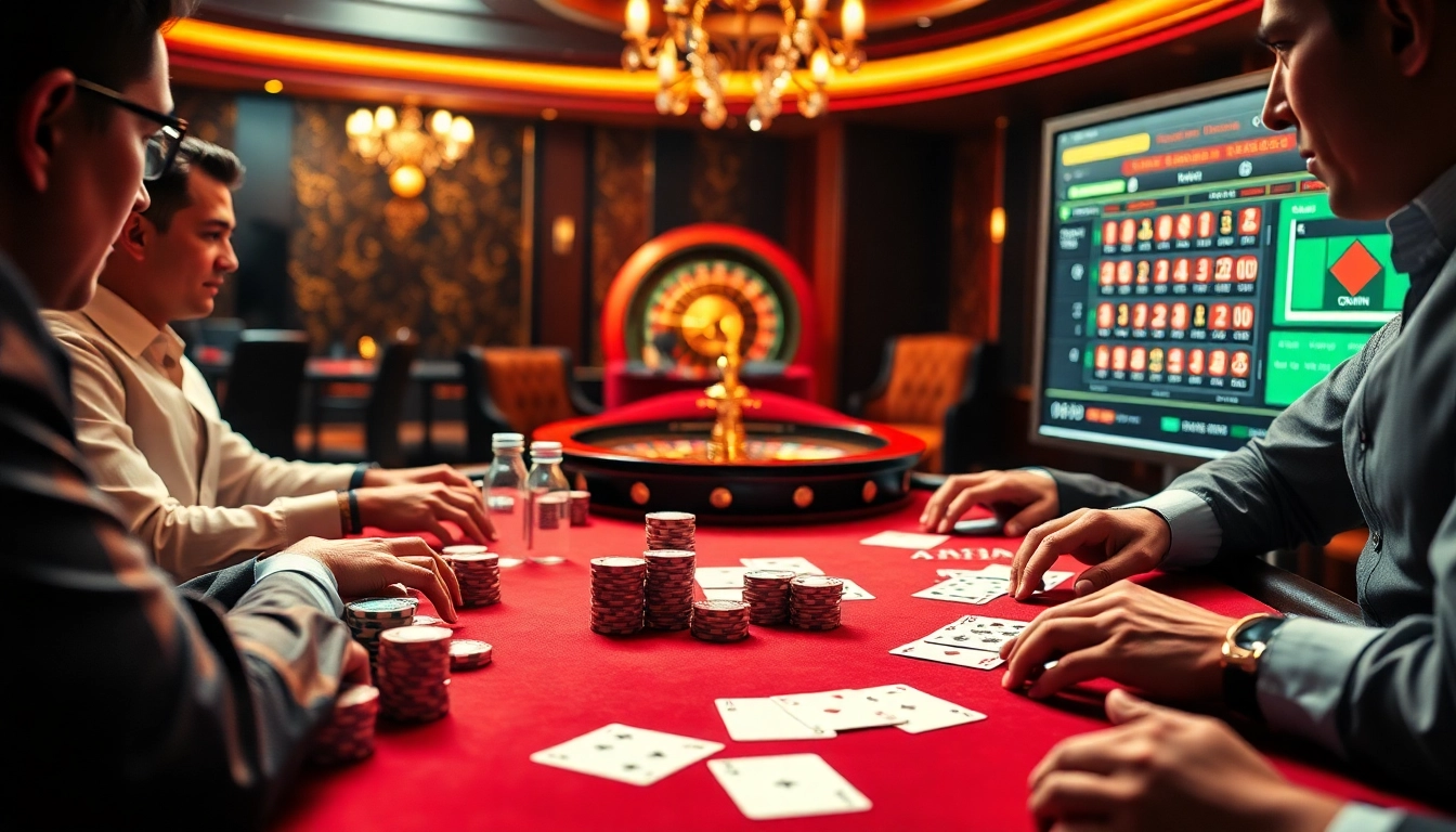 Action-packed poker game at a casino table showcasing okwin chip colors and player dynamics.