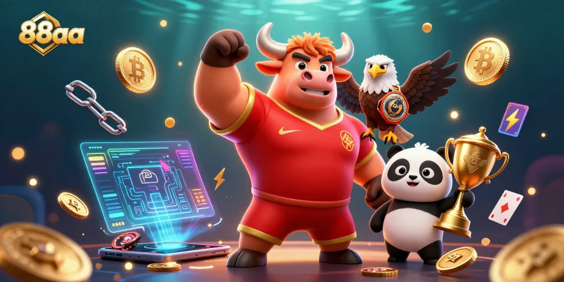 Experience thrill at 88aa with a dynamic casino scene featuring a bull mascot, eagle, and panda.