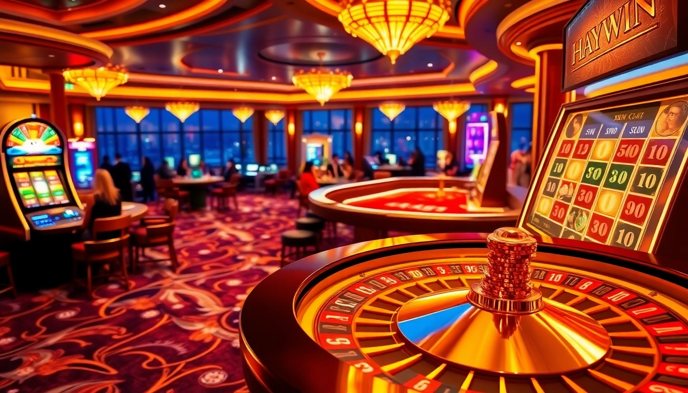 A lively casino scene illustrating excitement at the roulette table and slot machines, representing haywin.com gaming experiences.