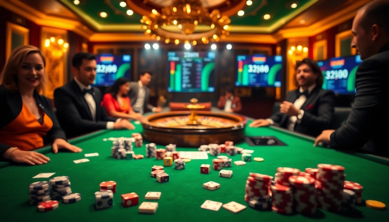 Experience the thrill of gaming at 32win com with vibrant casino visuals featuring poker chips and roulette.
