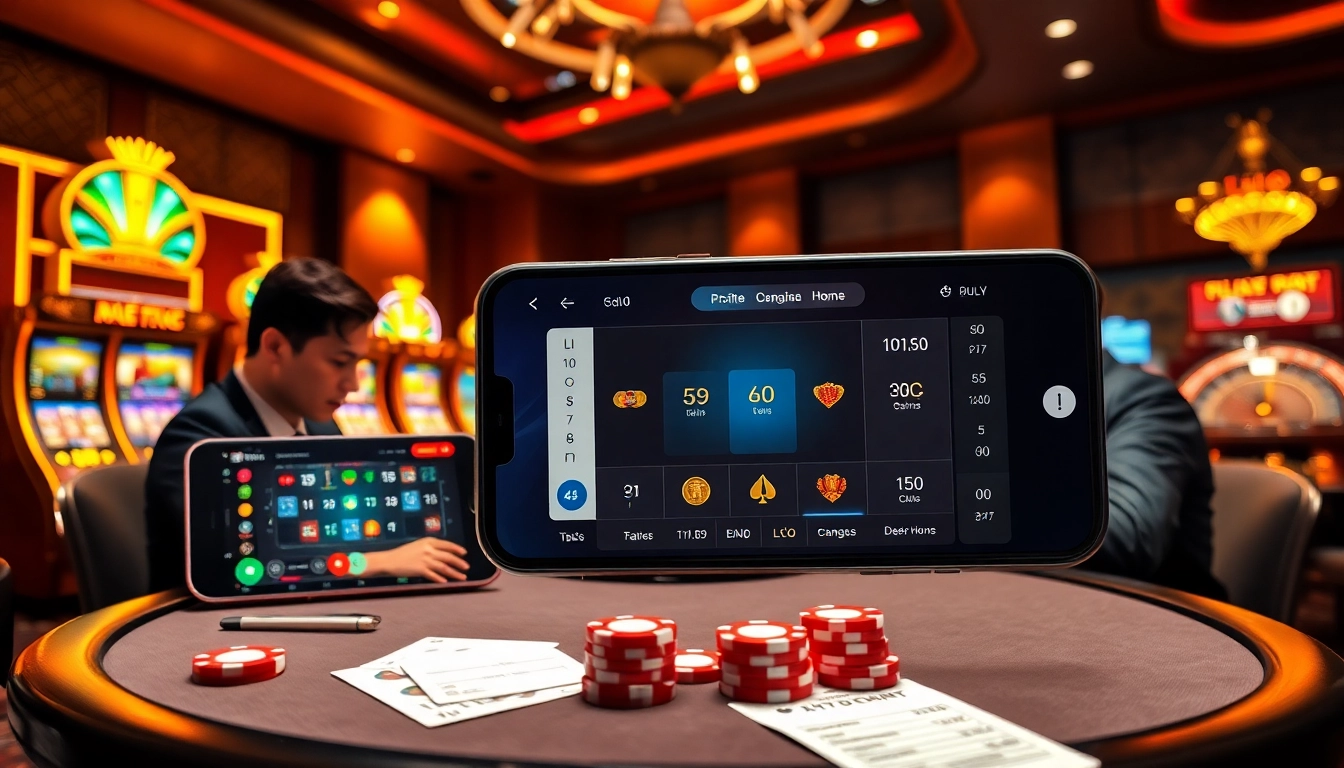 Engaging gambling scene featuring app Lô Đề on a smartphone amidst a vibrant casino atmosphere.