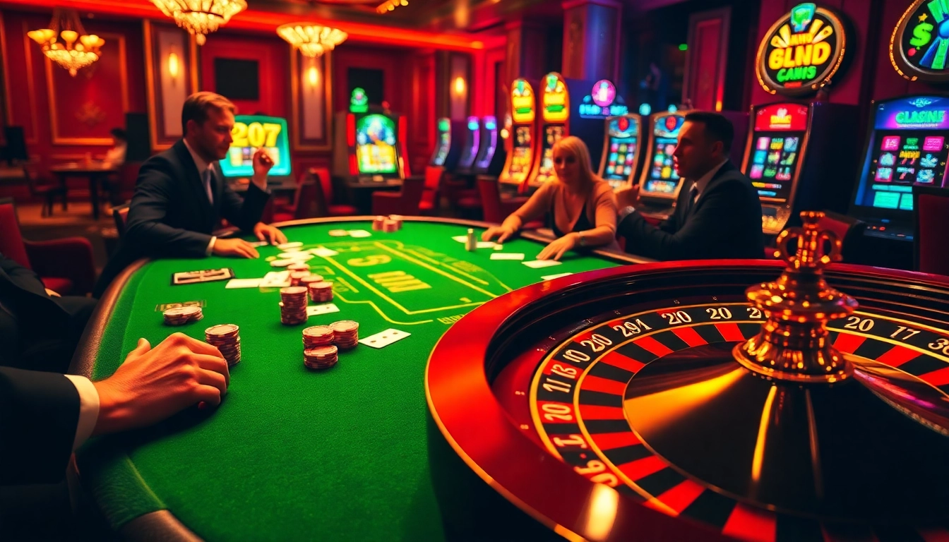 Players strategizing in a high-stakes kuwin poker game surrounded by vibrant casino elements.