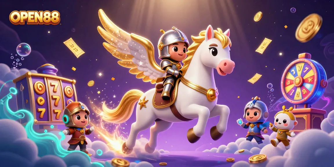 OPEN88 unveils thrilling gaming adventures with a celestial knight riding through slot games and jackpot reels.