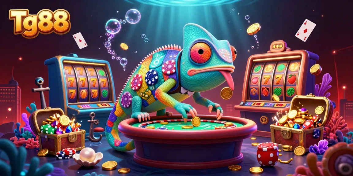 Tg88 chameleon casino owner captures gold coins amidst vibrant slot reels and underwater treasures.