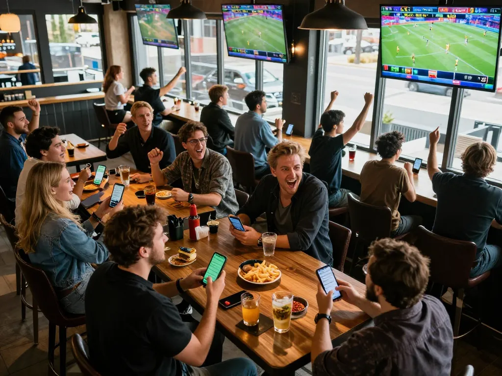 Engaged bettors at a sports bar using DEBET app for live betting, vibrant atmosphere