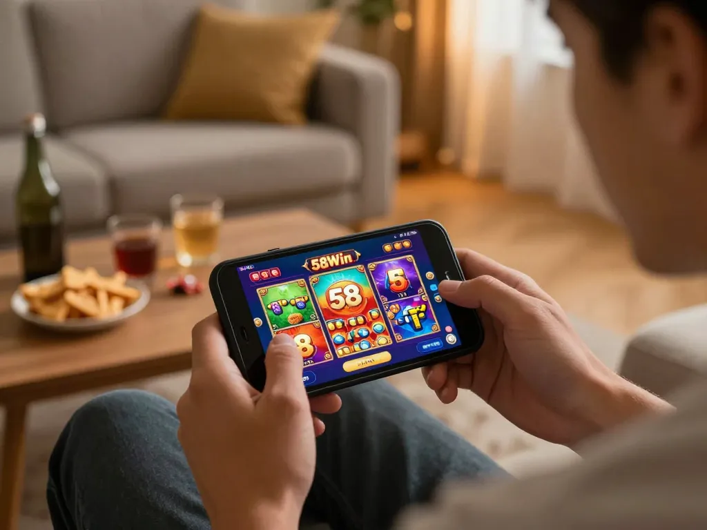 Experience 58Win's mobile gaming excitement from a cozy home setup with engaging visuals.