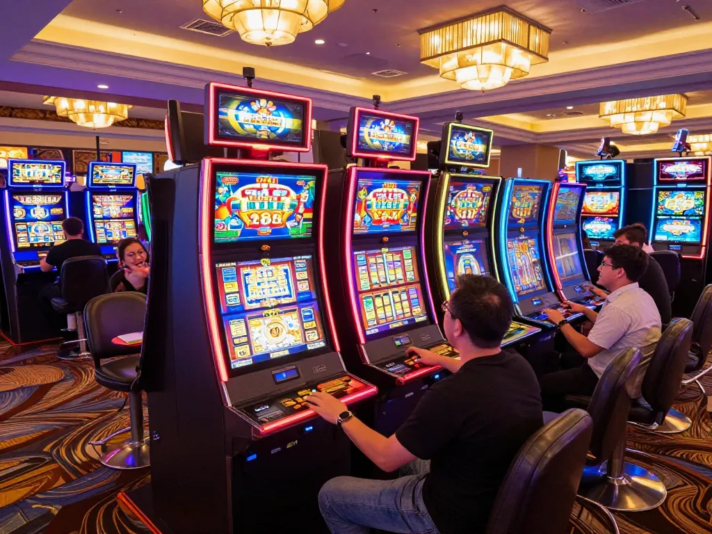 Engaging players at vibrant slot machines showcasing excitement in nohu1 gaming area.