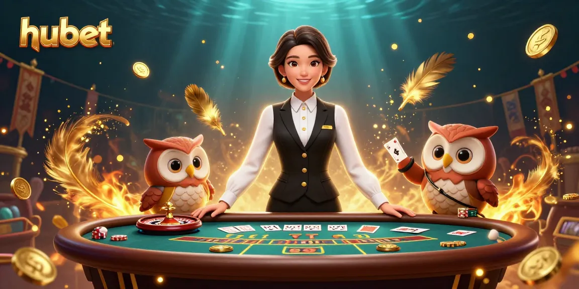 Experience thrilling gameplay with hubet at a luxury baccarat table with vibrant dealers and gold elements.