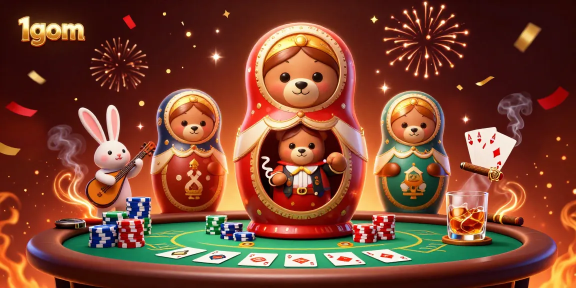 Engage with 1gom's vibrant casino scene featuring Matryoshka bears and poker elements!
