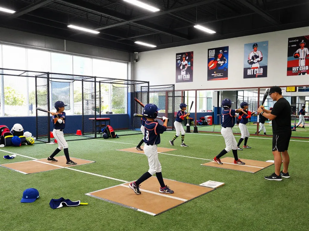 Young athletes training at Hitclub with coaches in a bright indoor facility, showcasing teamwork and energy.