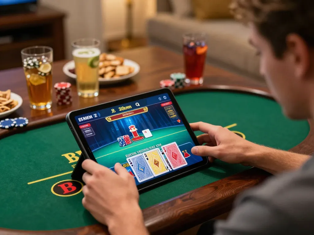 Player enjoying an online blackjack game on tablet, showcasing vipwin gambling excitement and interactive gameplay