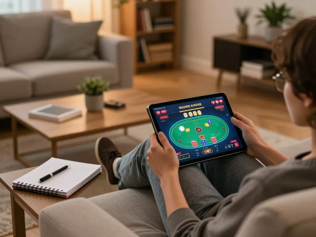Engaging with gk88 gaming platform on a tablet, showcasing a lively poker game setup