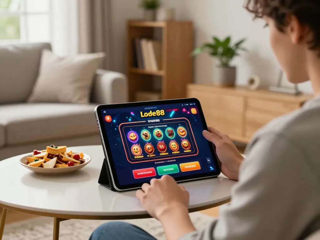 Lode88 player engaged in online casino gaming on a tablet at home, showcasing a cozy setup for strategic gameplay.