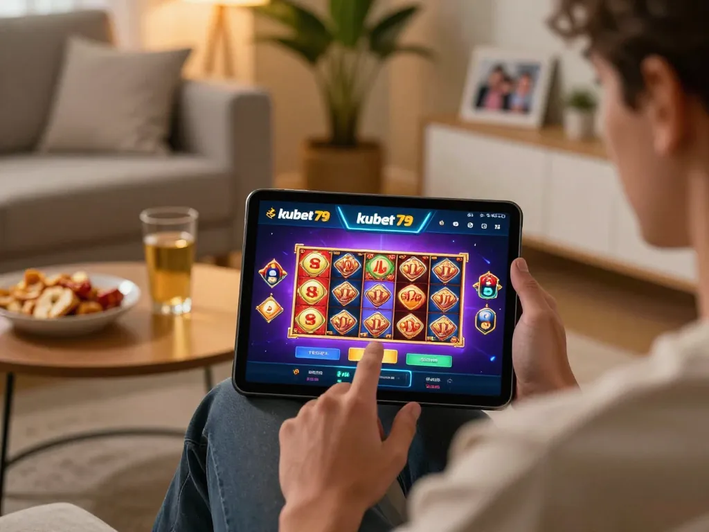 Engaging moment of a player using kubet79 online casino app on a tablet in a cozy setting