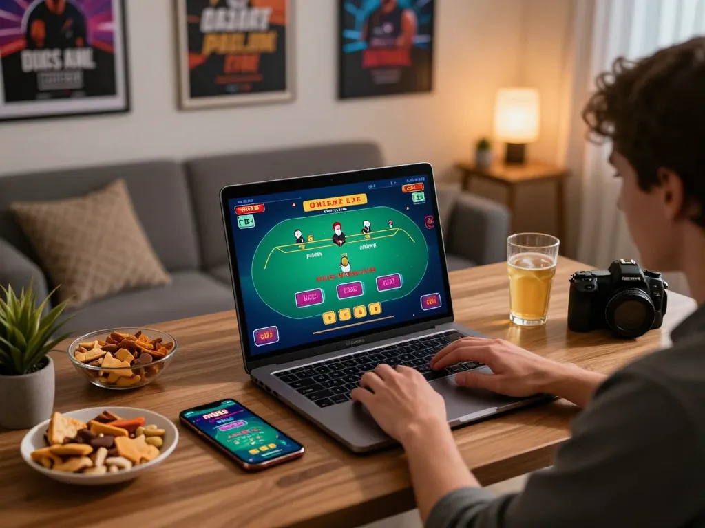 Player engaged in mb66 live dealer blackjack online, cozy home gaming setup, evening ambiance.