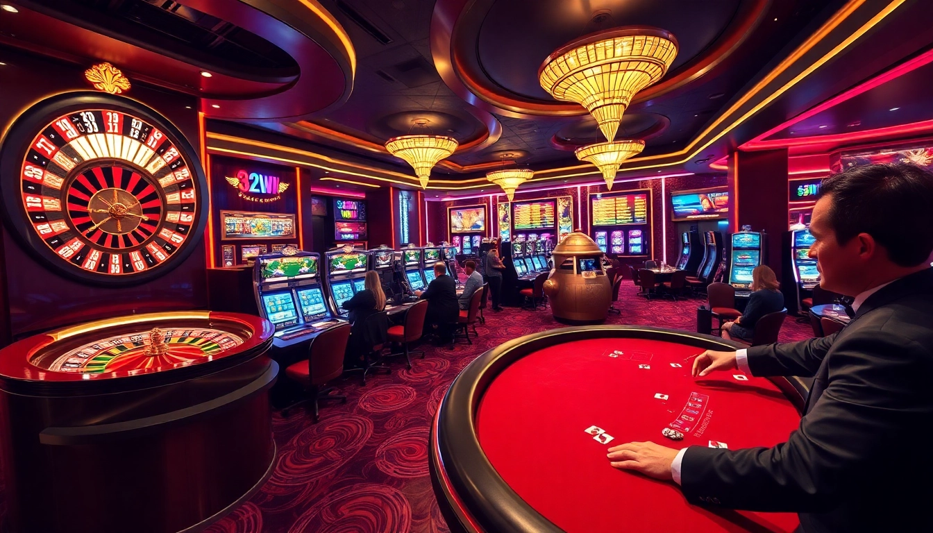 Experience excitement at https://32wincasino.com/ with illuminated casino tables and vibrant slot machines.