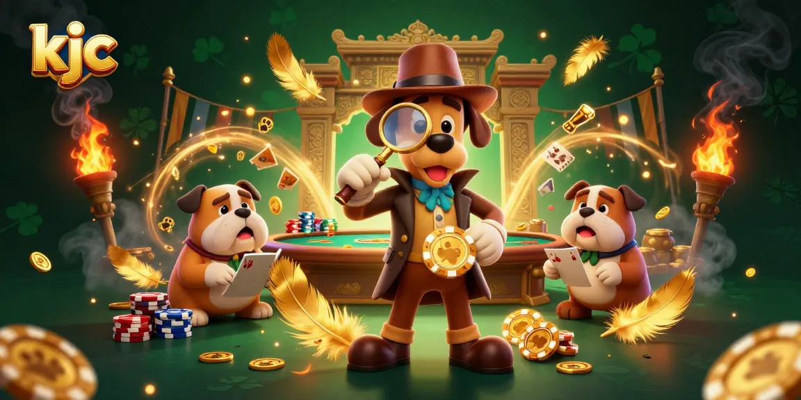 Engage with KJC's exciting poker scene, featuring animated characters analyzing a golden poker chip.