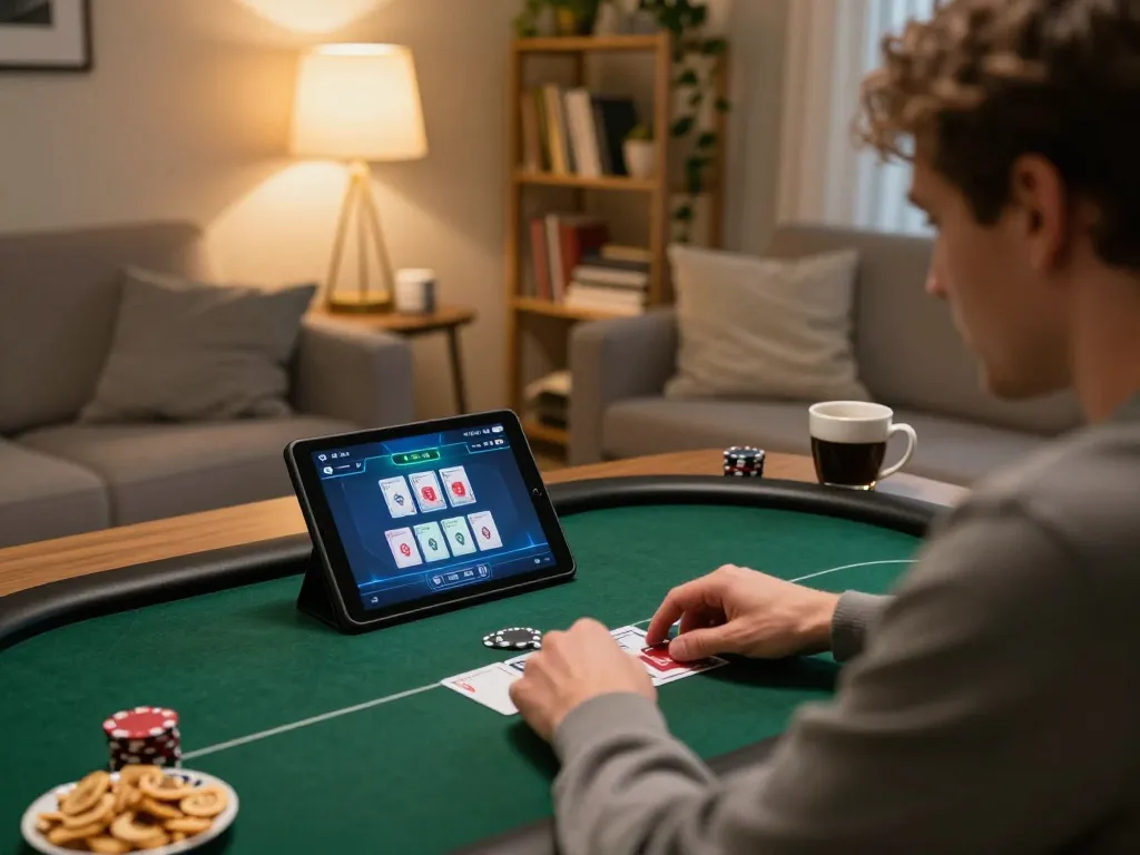 Engaging online poker session with gem 88 game interface visible on tablet in cozy home setting