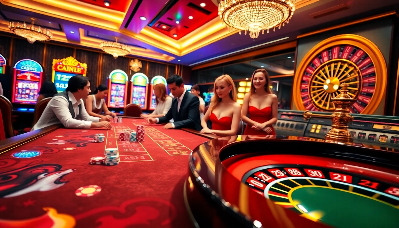 Experience the excitement of online gambling at TG88 com with vibrant visuals of poker tables and slot machines.