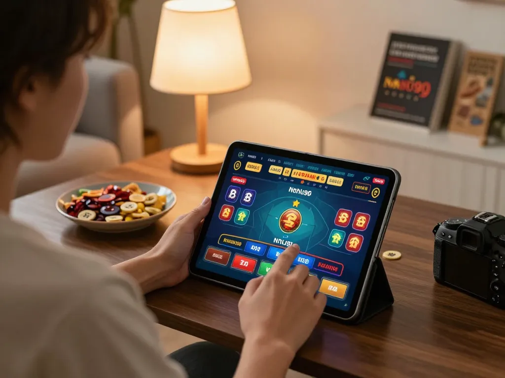 Engaging in nohu90 online gaming through a tablet in a cozy home setup.