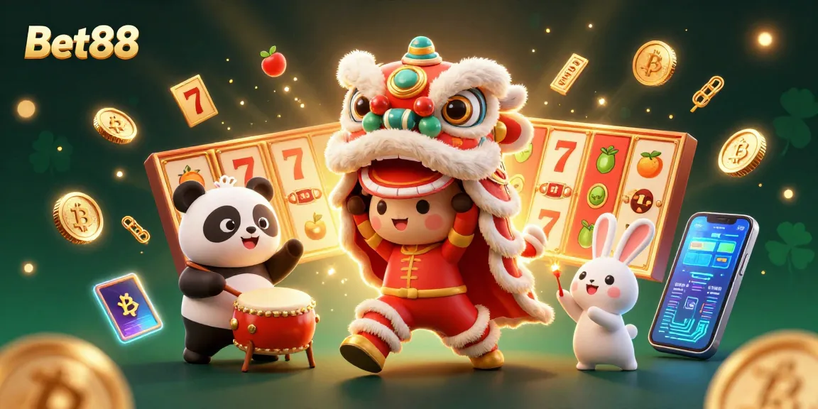 Join Bet88 in this vibrant casino scene filled with exciting slot game symbols and festive elements!