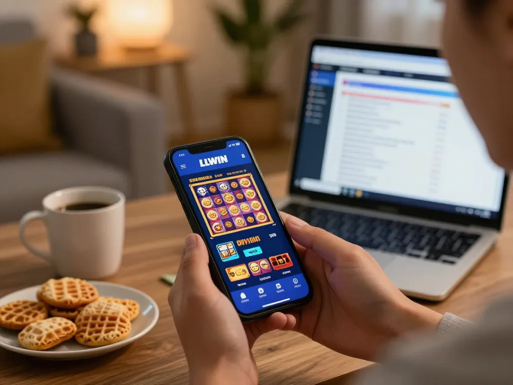 Engaged player using the LLWIN app on their smartphone in a cozy home setting, showcasing online gambling.
