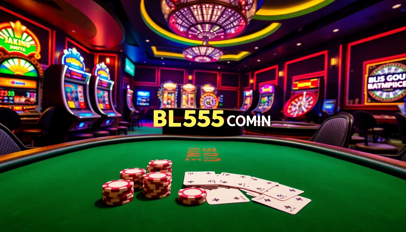 Exciting casino scene featuring poker, slot machines, and the BL555 COM logo.