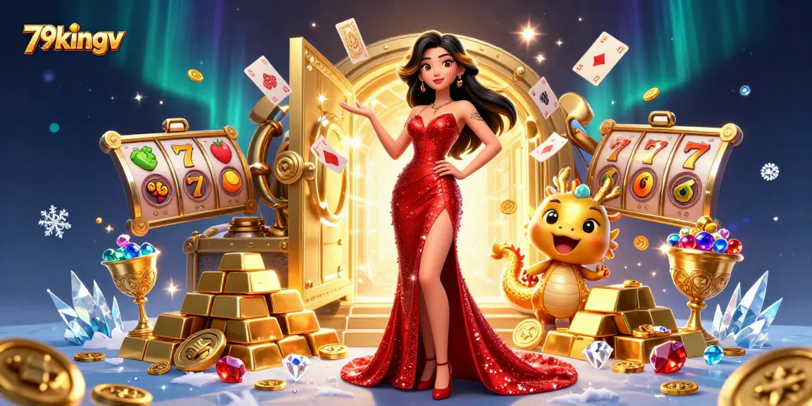 Engage with 79kingv's vibrant casino atmosphere featuring dynamic slot reels and a stunning 3D illustration.
