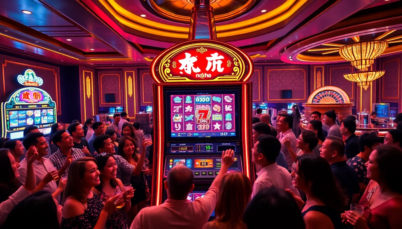Experience nổ hũ engagement as players celebrate wins at a luxurious casino slot machine.