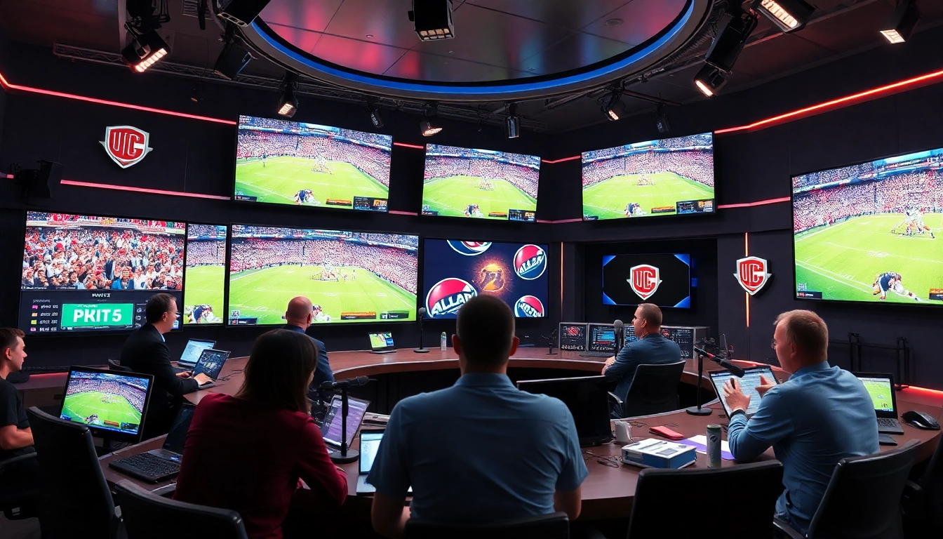 Engaging view of sports broadcasting with journalists analyzing live action.