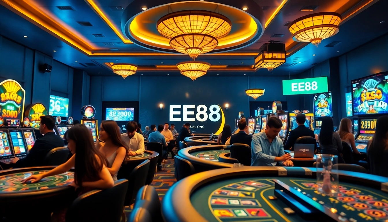 EE88 online gambling scene with players enjoying various games in a vibrant atmosphere.