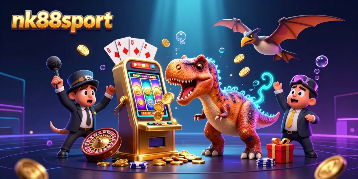 Exciting nk88sport scene with a dinosaur winning a jackpot from a slot machine amidst flying coins.