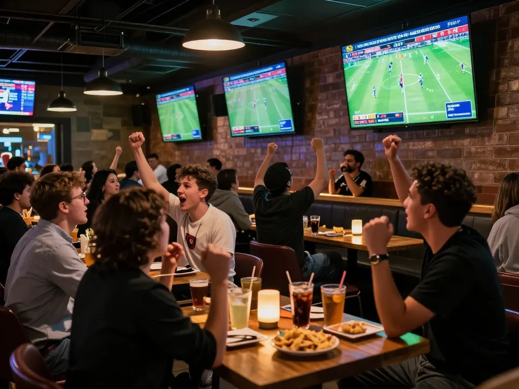 Fans celebrate kết quả bóng đá at a lively sports bar while discussing betting strategies.