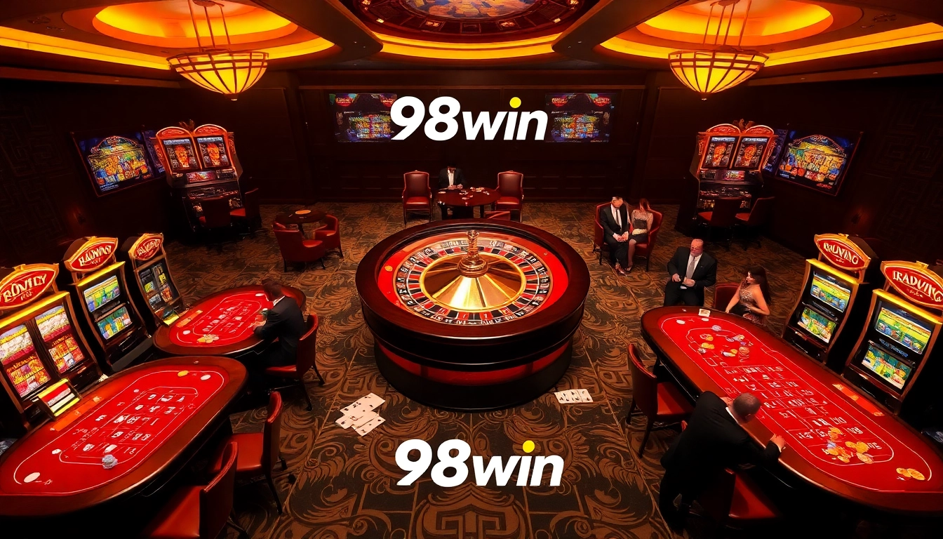Vibrant casino atmosphere with 98win logo, showcasing players at tables and slot machines.