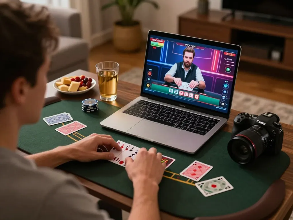 Five88 player enjoying live dealer blackjack at home, showcasing an engaging online gaming experience