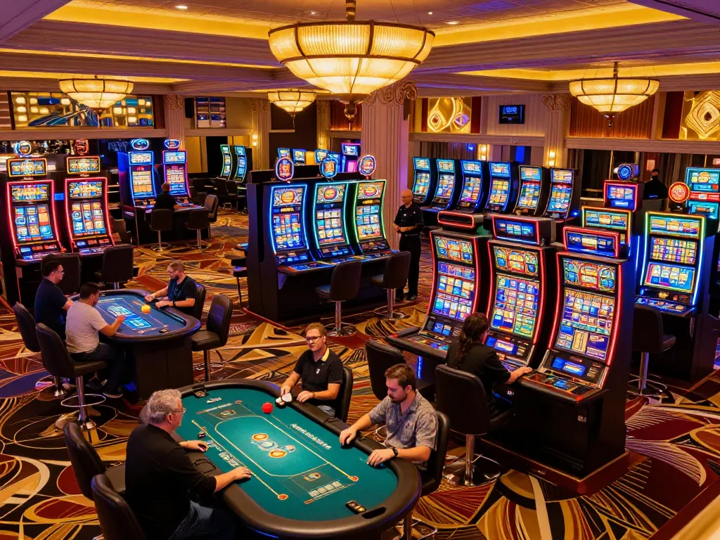 Experience excitement at Hitclub with players engaged in various casino games under vibrant lights