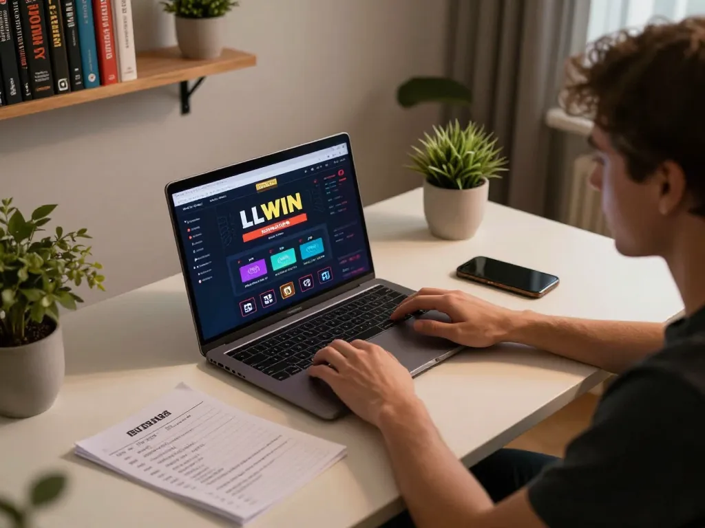 Player engaged in LLWIN Download online casino gaming interface with strategic notes.