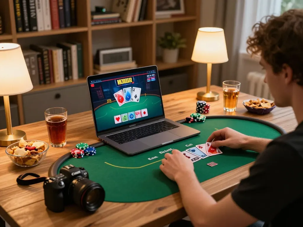 Hitclub player enjoying online poker game from home, vibrant gaming setup with snacks