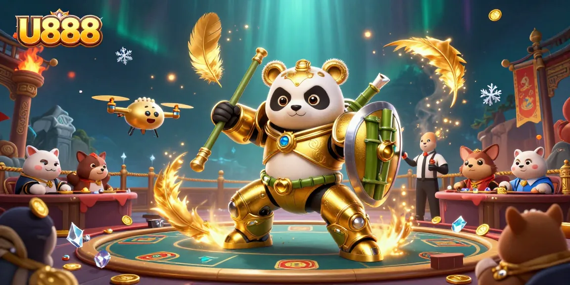 Experience exciting gameplay at U888 with a mech-suit panda in a vibrant casino arena.