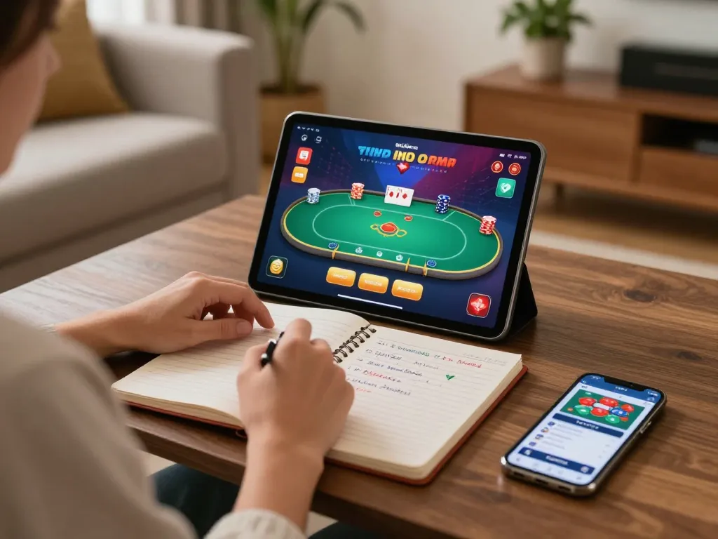 Sunwin online casino player engaged in mobile gaming at home, viewing poker game on tablet