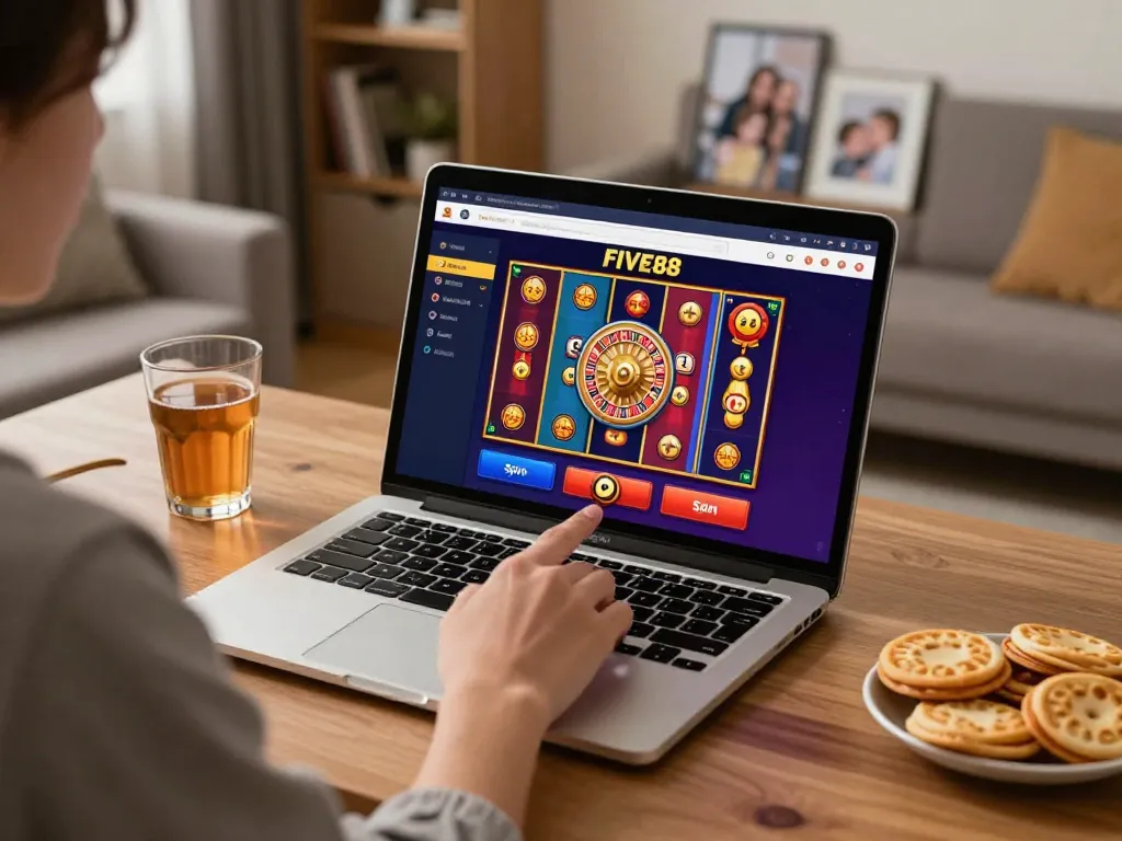 Engaging online gameplay at FIVE88 with a player preparing to win big using their laptop in a cozy home setting.