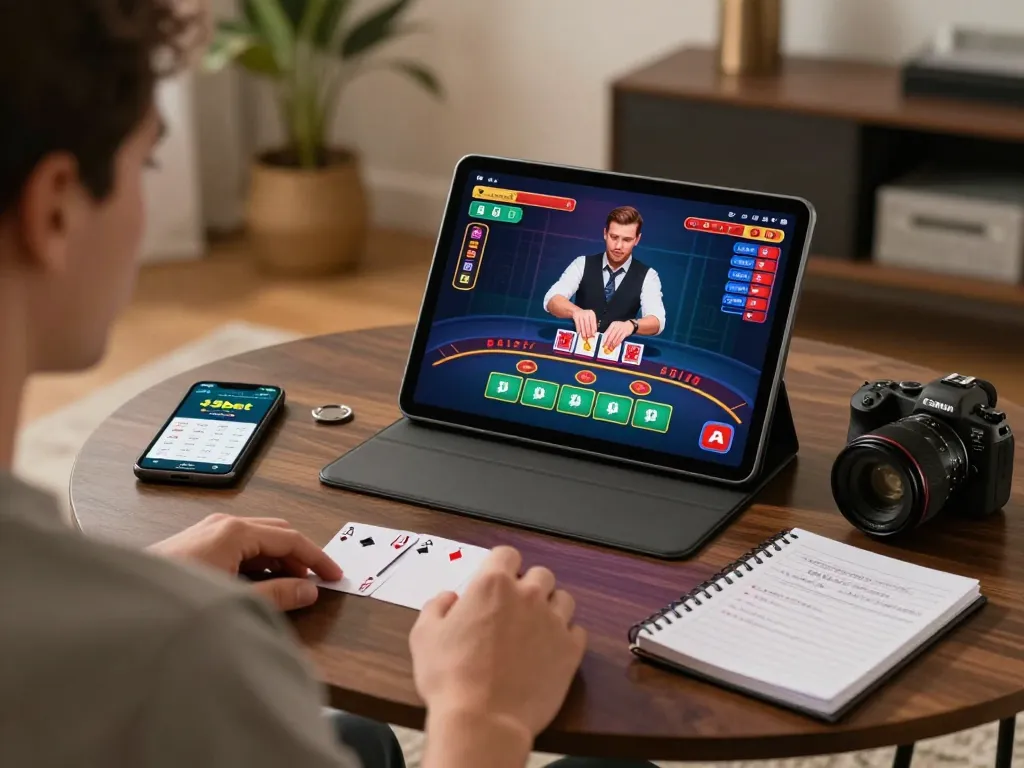 Player enjoying blackjack on 9bet app at home, showing interactive game and strategic notes