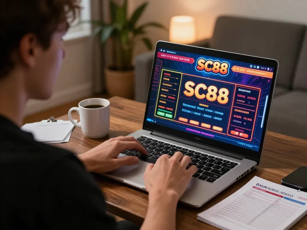 Player engaging with SC88 online casino on laptop, showcasing strategy and bankroll management.