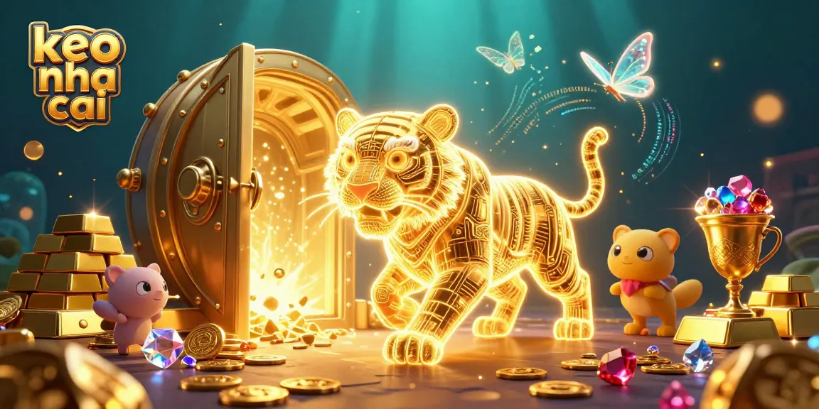 Experience keo nha cai's thrilling casino adventure with a neon wireframe tiger in a dazzling treasure scene.