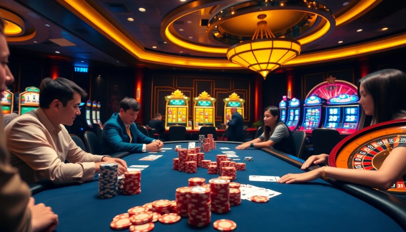 Immerse in the thrilling world of UU88 as players engage at a glamorous casino table, surrounded by vibrant gambling elements.