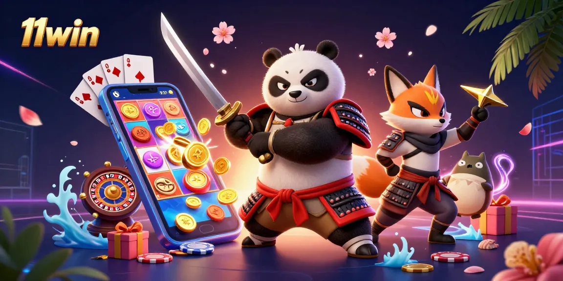 Engage with thrilling slot games at 11win with a vibrant panda samurai, ninja fox, and magical tanuki illustration.